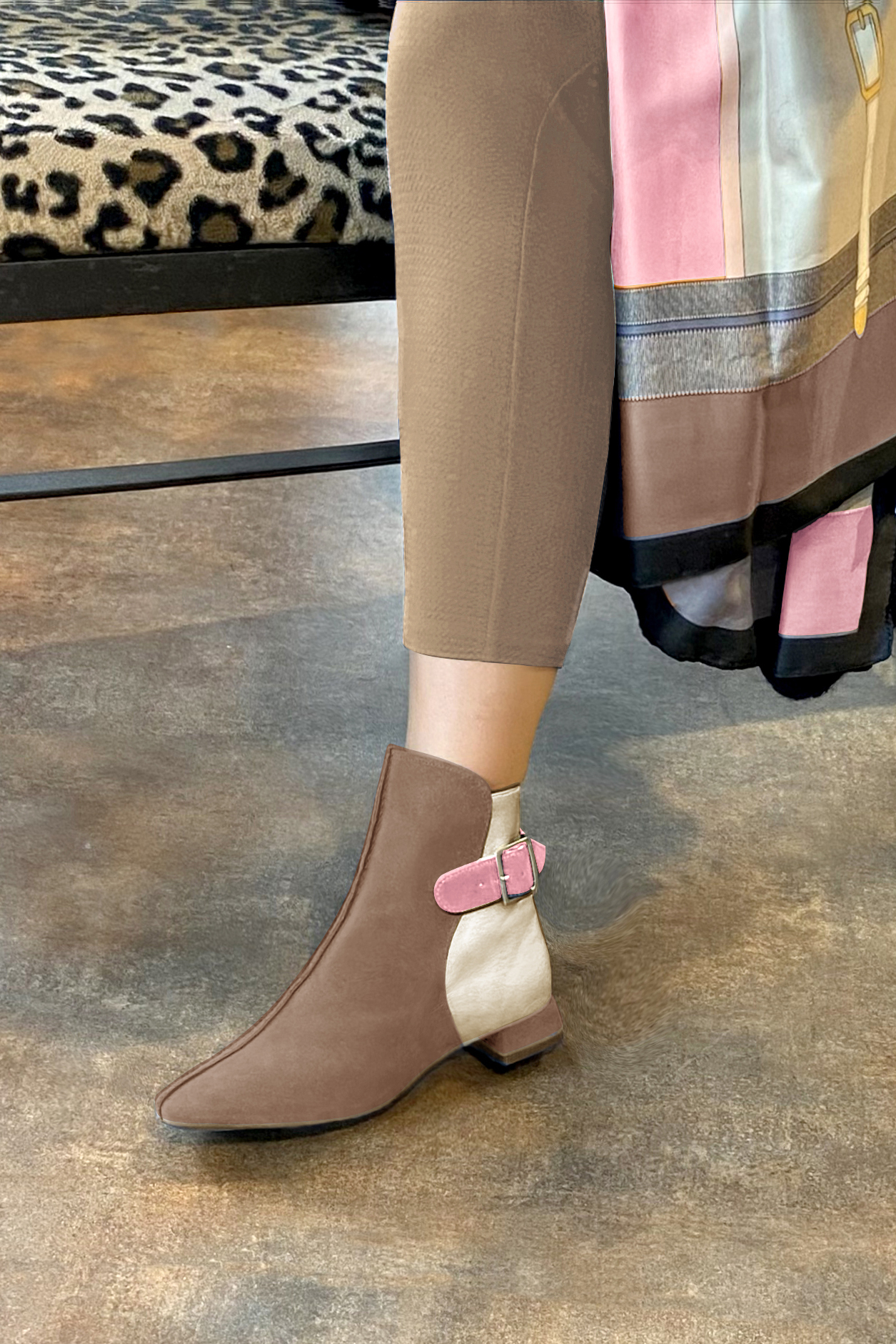 Biscuit beige, gold and carnation pink women's ankle boots with buckles at the back. Square toe. Flat flare heels. Worn view - Florence KOOIJMAN